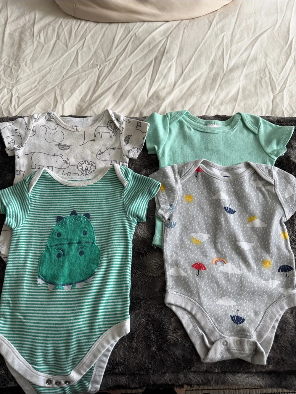 Set of 4 One-Piece Bodysuit Set - Zoo Animals, Dinosaur, Umbrellas, Tourquoise